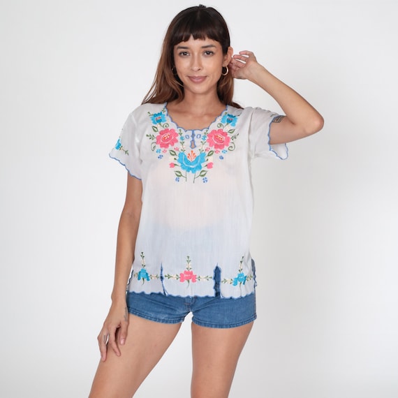 White Embroidered Blouse 90s Floral Semi-Sheer Blouse Cutout Boho Short Sleeve Hippie Summer Festival Bohemian Vintage 1990s Small S