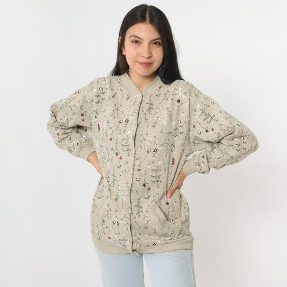 Vintage Floral Cardigan Sweatshirt 90s Snap Button up Sweater Heather Grey Cream Flower Print Shirt Grandma Hippie Pockets 1990s Small