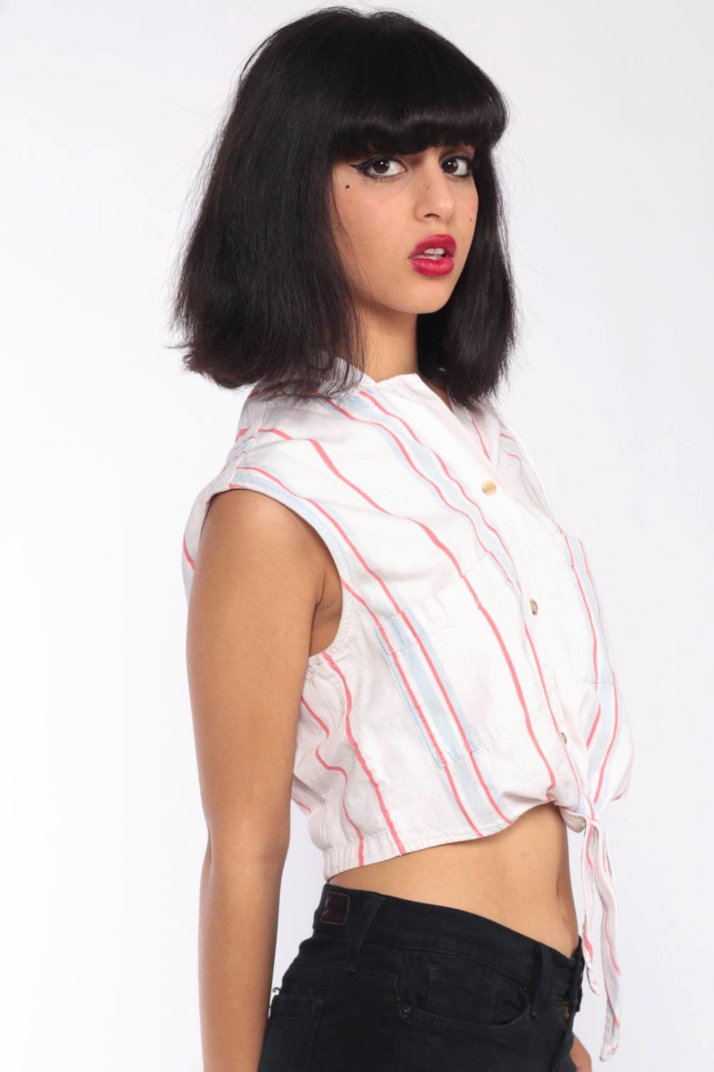 90s Hooded Crop Top Hoodie Shirt Tank Top White Striped 80s Button Up
