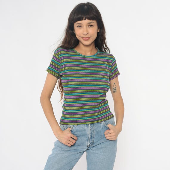 Rainbow Striped Crop Top 90s Retro Baby Tee Purple Yellow Lime Green Turquoise Blue Short Sleeve Crew Neck Multicolor Vintage Medium M