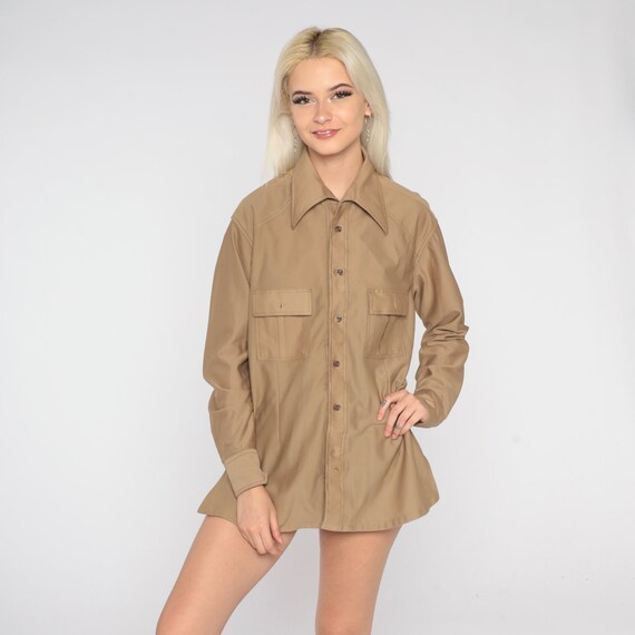 Tan Button Up Shirt 70s Disco Shirt Retro Dagger Collar Button Up Long Sleeve Top Chest Pocket Plain Retro Vintage 1970s Mens Large L