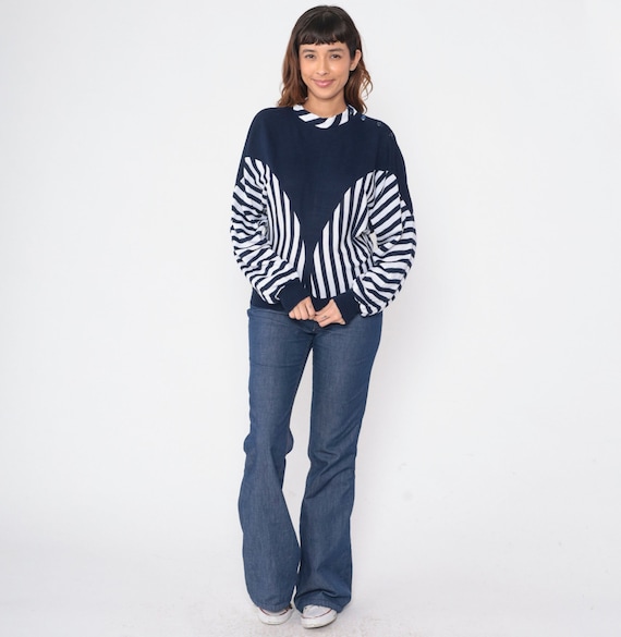 80s Striped Sweater Blue White Colorblock Knit Pullover Sweater Button Shoulder Color Block Dolman Sleeve Slouchy Vintage 1980s Small Medium