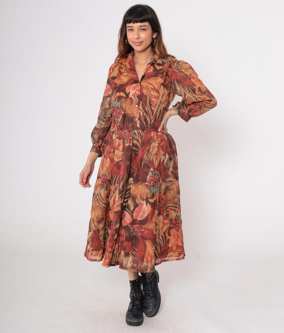 Brown Midi Dress 80s Button Down Long Sleeve Tropical Leaf Print Vintage Fall Academia Librarian Preppy Cotton Flowing Medium M Large L