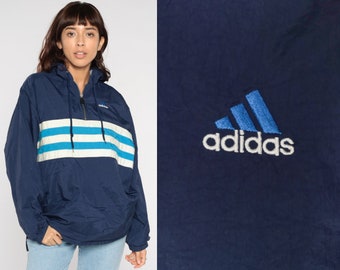 Adidas Hooded Windbreaker y2k Navy Blue Striped Jacket Quarter Zip Pullover Hoodie Retro Track Jacket Warmup Sports Streetwear Mens Large