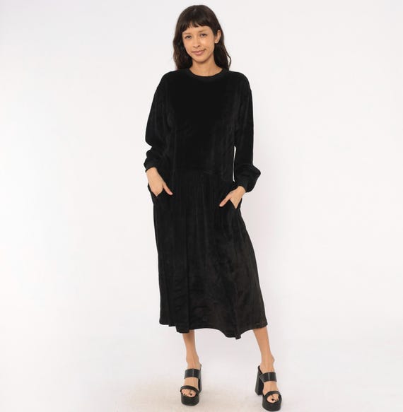 90s Black Velvet Dress Long Sleeve Drop Waist Midi Crew Neck Pockets Cotton Goth Minimal Jet Sweatshirt Style Lizsport Vintage Large L