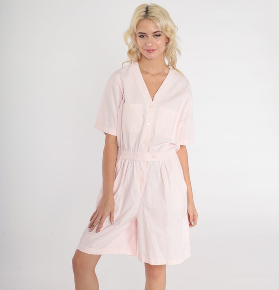 Baby Pink Romper 90s Button up Cotton Playsuit Short Sleeve Short Sleeve V Neck Chest Pocket Jumpsuit Shorts Wide Leg Vintage 1990s Medium