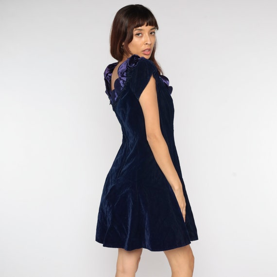 Velvet Party Dress 80s Navy Blue Velvet Ruffle Mi… - image 6