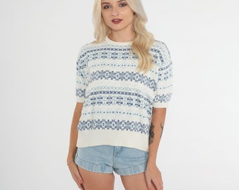 80s Sweater Top White Knit Shirt Blue Striped Geometric Fair Isle Print Short Sleeve Blouse Retro Bohemian Knitwear Vintage 1980s Medium M