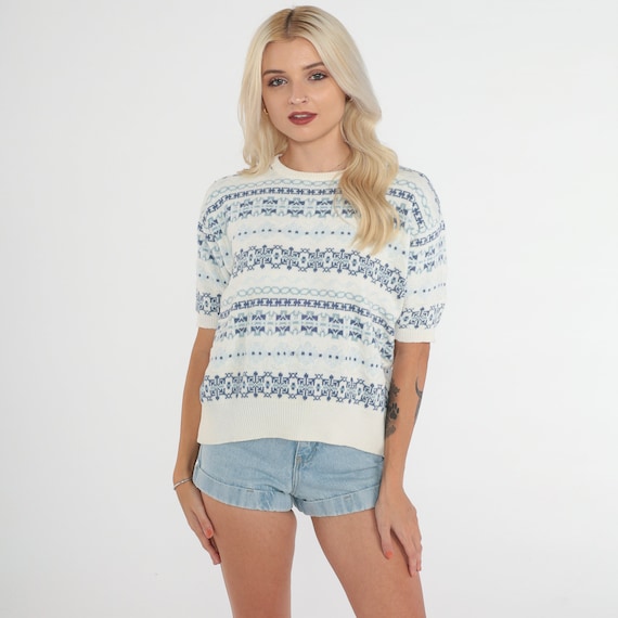 80s Sweater Top White Knit Shirt Blue Striped Geometric Fair Isle Print Short Sleeve Blouse Retro Bohemian Knitwear Vintage 1980s Medium M