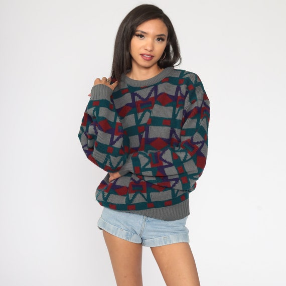 80s Sweater Grey Geometric Sweater Print Knit Jumper 1980s Acrylic Statement Grunge 90s Vintage Pullover Maroon Medium Large