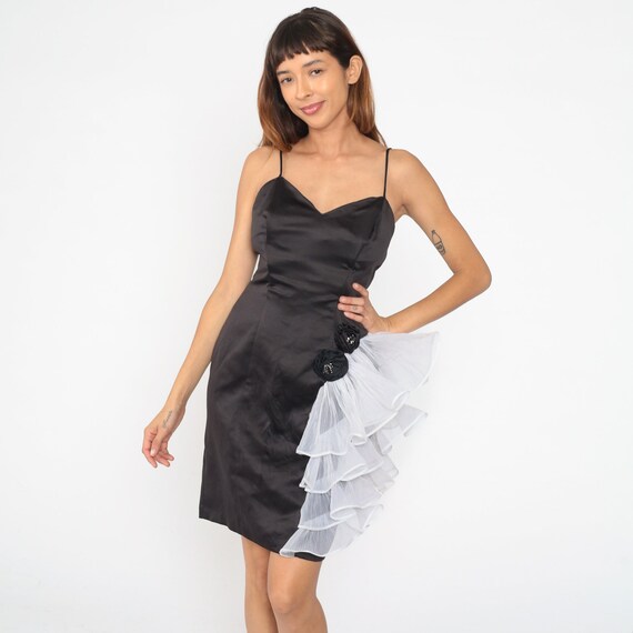 80s Party Dress Black Organza Ruffle Dress Prom Rhinestone Rosette Sweetheart Neckline 1980s Glam Mini Vintage Spaghetti Strap Small S