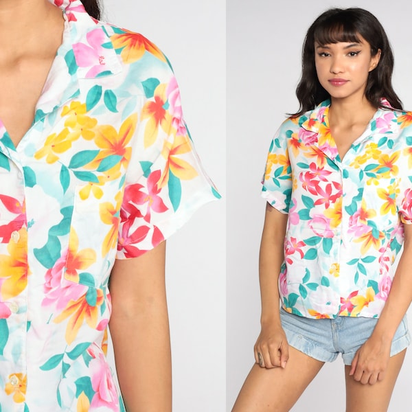 Tropical Floral Shirt DVF Blouse White Pink Hawaiian Blouse Button Up 80s Vintage Summer Vacation Short Sleeve Top 1980s Medium