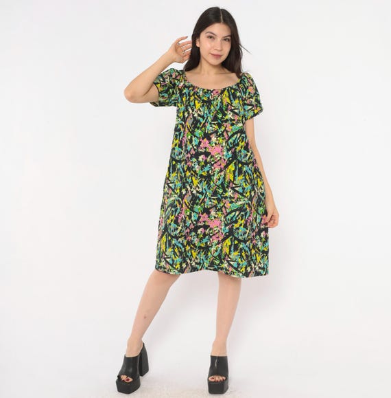 70s Splatter Paint Dress Abstract Print Cotton Shift Short Sleeve Colorful Neon Pink Yellow Teal Black A Line Pullover Vintage Medium M