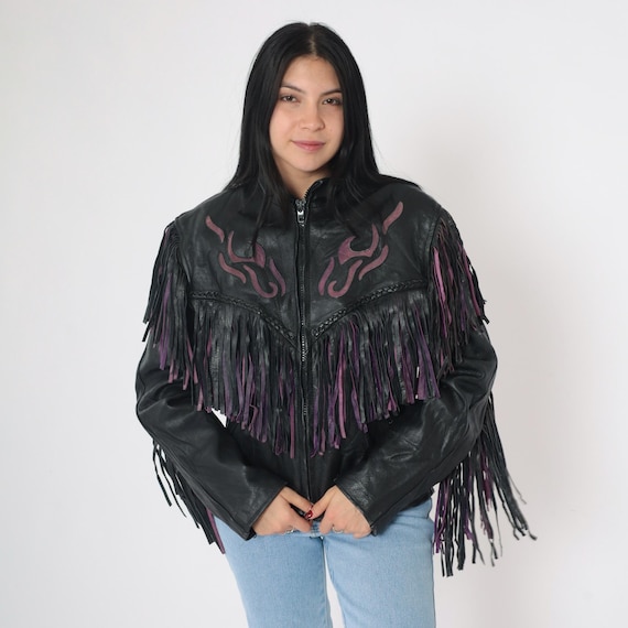 Vintage Black Leather Fringe Jacket 90s Flame Appliqué Vintage Black Leather Fringe Jacket 90s Flame Appliqué