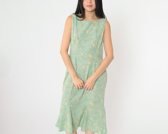 Vintage Green Floral Midi Dress M 90s Grunge Sundress Sleeveless Princess Seam Flower Print Day Dress Boho Summer Casual 1990s Medium Petite