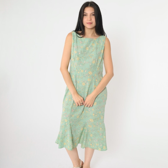 Vintage Green Floral Midi Dress M 90s Grunge Sundress Sleeveless Princess Seam Flower Print Day Dress Boho Summer Casual 1990s Medium Petite