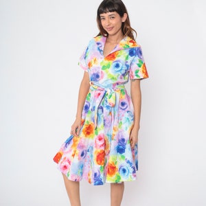 Watercolor Floral Dress Y2K Rainbow Midi Dress Collar V Neck High Waisted Retro Pinup Colorful Short Sleeve Knee Length Vintage 00s Medium M image 5