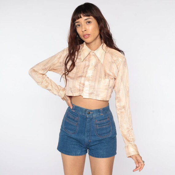 Cropped Shirt 70s Disco Top Bohemian Blouse Geometric Print 1970s Hippie Boho Long Sleeve Button Up Peach Art Deco Medium