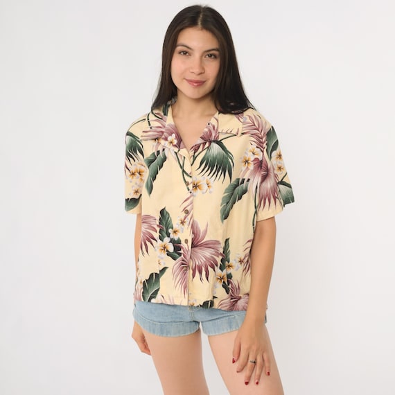 Vintage 90s Hawaiian Aloha Shirt Yellow Plumeria Floral Print Short Sleeve Button Up Camp Collar Made in Hawaii USA Tropical Top Extra Small