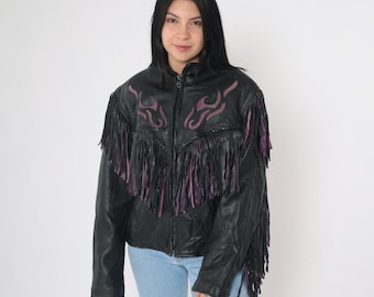 Vintage Black Leather Fringe Jacket 90s Flame Appliqué
