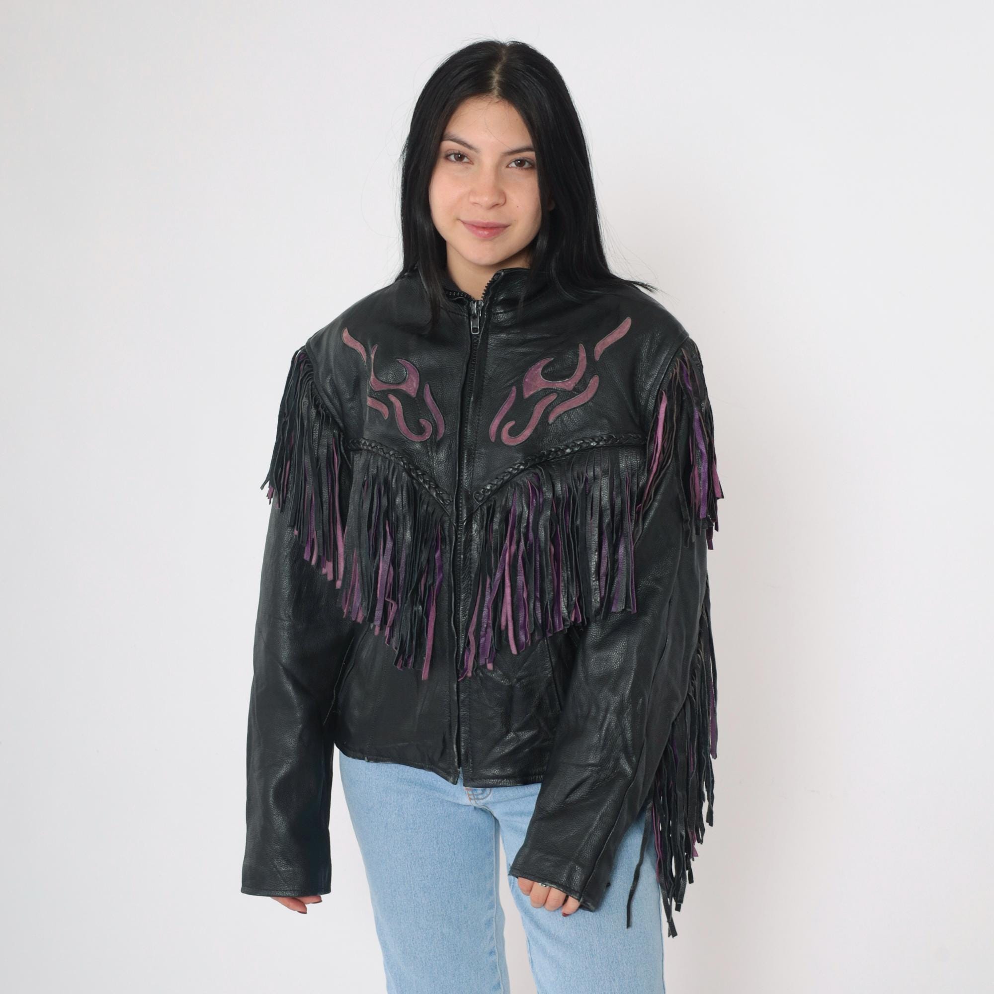 Vintage Black Leather Fringe Jacket 90s Flame Appliqué Vintage Black Leather Fringe Jacket 90s Flame Appliqué