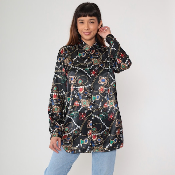 Baroque Shirt 90s Gemstone Pearl Print Blouse Gold Chain Print Shirt 80s Long Sleeve Blouse Black Vintage Oversized Large L
