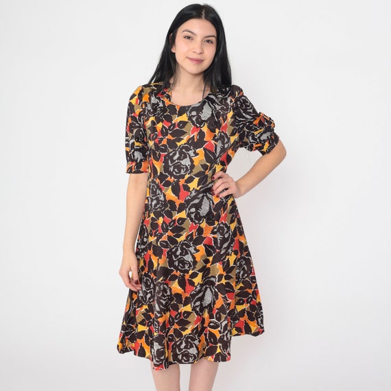Rose Print Dress 70s Floral Mini Dress Puff Sleeve Day Dress Abstract Flower Print Shift Boho Mod Summer Bohemian Retro Vintage 1970s Small