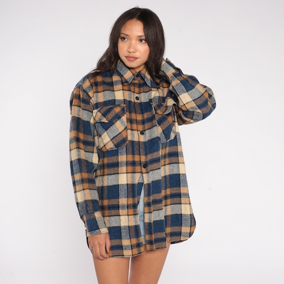 70s CPO Buffalo Plaid Flannel Shirt Blue Tan Camel Navy Button Down Wool Blend Long Sleeve Utility Pockets Winter Autumn Lumberjack Medium M