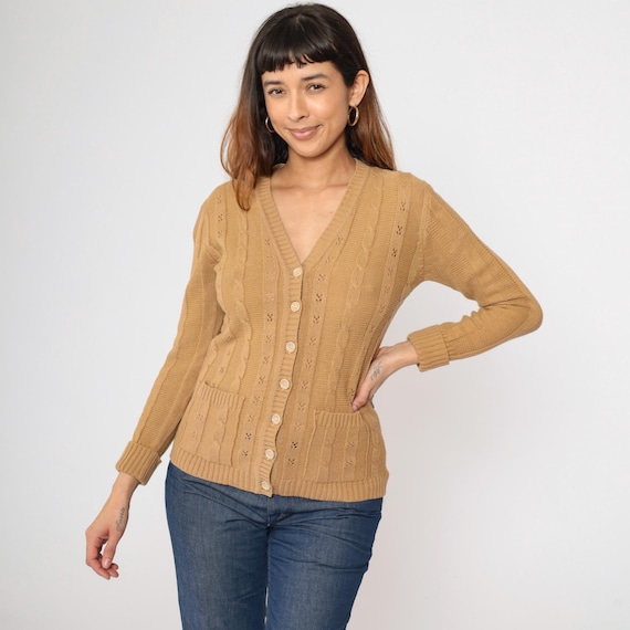 70s Tan Openwork Cardigan Sheer Pointelle Bohemian Sweater Button Up 1970s Vintage Open Weave Sheer Boho vtg Cuffed Long sleeve Small S