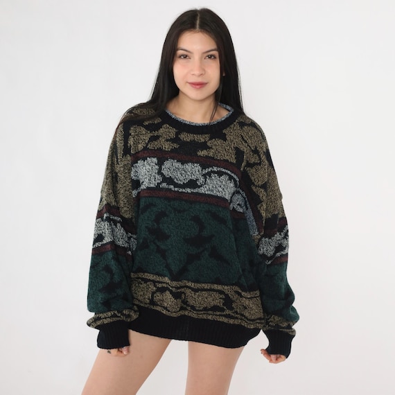 Vintage Abstract Sweater 80s Campus Pullover Knit Sweater Blue Black Yellow Crewneck Jumper Grunge Retro Boho Acrylic 1980s 3x Plus Size