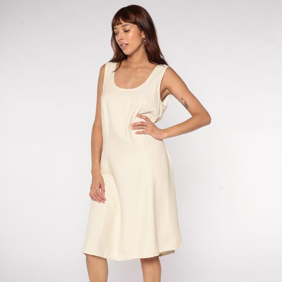Cream Shift Dress 90s Minimalist Sleeveless A-Line Scoop Neck Midi Simple Elegant Vintage Ivory Off White Plus Size Neutral Extra Large XL