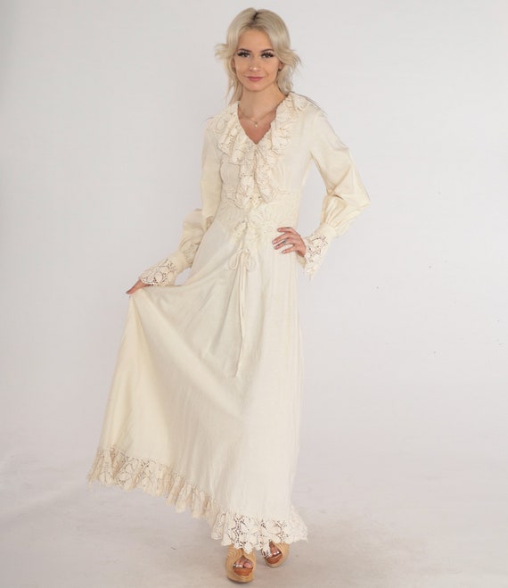 Long Cream Dress 70s Lace Trim Prairie Maxi Dress Ruffled Long Balloon Sleeve Basque Waist Bridal Romantic Elopement Gown Vintage 1970s XS