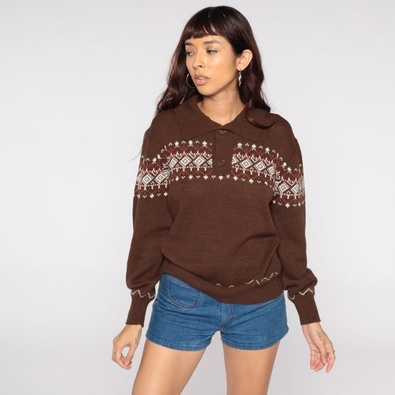 Fair Isle Sweater Brown Bohemian 70s Boho Striped Knit Norwegian Ski Sweater Vintage Button Up Acrylic Fall Geometric Pullover Jumper Medium