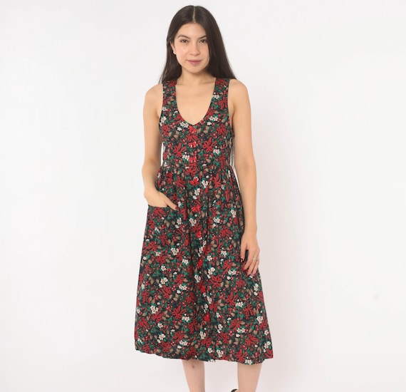 90s Christmas Jumper Cotton Dress V Neck Button Front Pinecone Berry Bow Pleated Patch Pockets Red Green Floral Holiday Extra Small XS