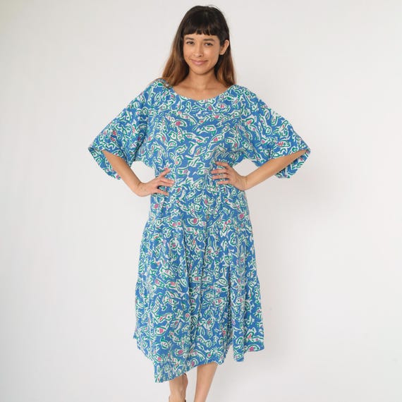 90s Fish Print Dress Blue Abstract Beach Dress Tropical Midi Dress 1990s Vintage Shift Boho High Waist 1/2 Sleeve Cotton Large L
