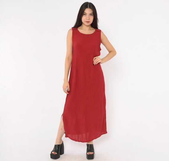 90s Red Sundress Sleeveless Maxi Dress Sag Harbor Button Shoulder Wine Crimson Summer Vacation Grunge Relaxed Fit Vintage Extra Large XL