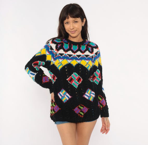 90s Multicolor Fair Isle Sweater Black Chunky Diamond Pattern Geometric Pullover Colorful Rainbow Patterned Nordic Jumper Winter Small S