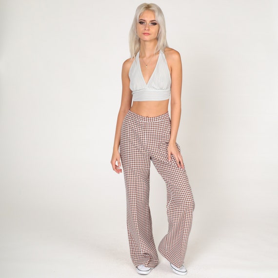 Gingham Bellbottoms 70s Bell Bottom Pants Brown White Hippie Checkered Trousers Retro High Rise Flared Pants Boho Vintage 1970s Small S