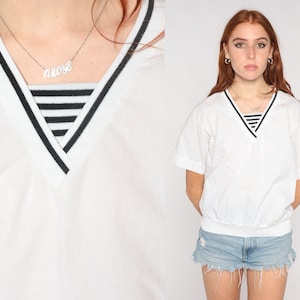 80s Casual Shirt -- White Cotton Top Slouchy Shirt Black Striped Sailor Shirt Retro Tee Vintage Slouch Short Sleeve Medium