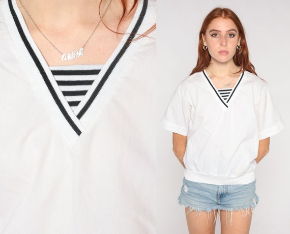 80s Casual Shirt -- White Cotton Top Slouchy Shirt Black Striped Sailor Shirt Retro Tee Vintage Slouch Short Sleeve Medium