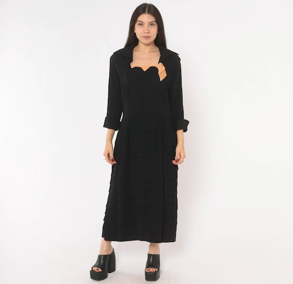40s Black Maxi Dress Peach Velvet Scalloped Neckline Tiered Skirt Side Zip Three Quarter Sleeve Noir Ankle Length Vintage Extra Large XL