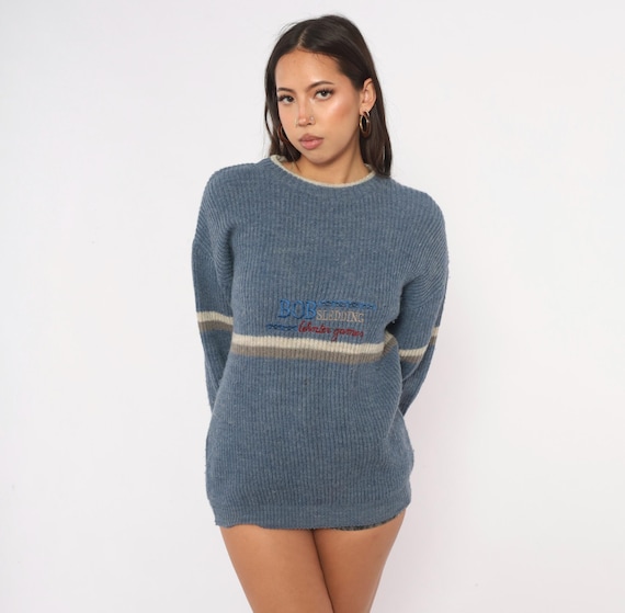 80s Bobsledding Sweater Blue Cream Wool Knit Pullover Embroidered Stripe Long Sleeve Boxy Ski Slouchy Grandpa Jumper  Top Vintage Medium M