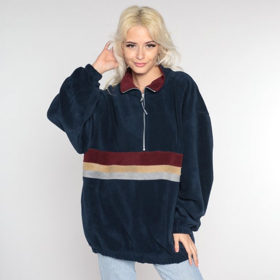 Fleece Pullover Sweatshirt Jacket 90s Navy Blue Striped Jacket Quarter Zip Up Jacket Vintage Retro Vintage Oversized Men's Medium