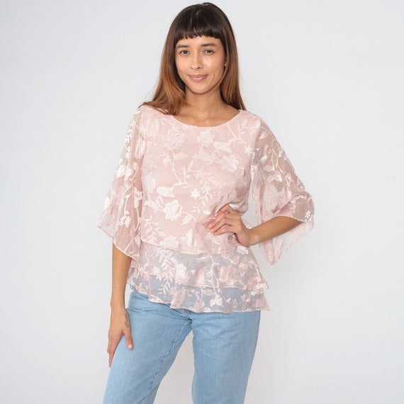 Baby Pink Floral Blouse Y2K Sparkly Top Shiny Flower Print Sheer Wide Sleeve Layered Ruffled Shirt Tiered Asymmetrical Hem Vintage 00s Small