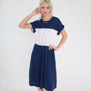 80s Nautical Dress Anchor Button Color Block Navy Blue Day Dress White Midi Sailor Short Sleeve High Waist Vintage 1980s Slouch Medium Large image 3