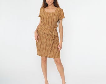 Vintage Leopard Print Dress 90s Micro Animal Print Striped Sheath Dress Mini Tie Waist Wrap Short Sleeve Party Cheetah Spot Sheath Medium