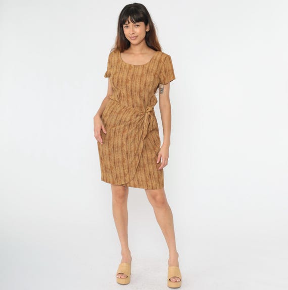 Vintage Leopard Print Dress 90s Micro Animal Print Striped Sheath Dress Mini Tie Waist Wrap Short Sleeve Party Cheetah Spot Sheath Medium