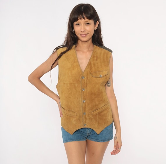 Western Suede Vest 80s Quilted Robert Comstock Tan Leather Waistcoat Diamond Stitch Buckle Back Camel Sand Sleeveless Top Vintage Small S