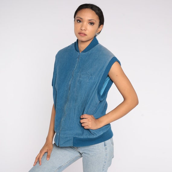 80s Corduroy Vest Blue Puffer Vest Retro Lined Ski Vest Puffy Sleeveless Jacket Zip Up Streetwear Normcore Hipster Vintage 1980s Large xl l