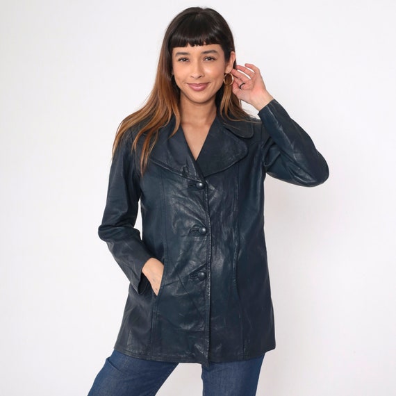 70s Leather Jacket Navy Blue Leather Blazer Bohemian Boho Hippie V Neck Vintage 1970s Hipster Collared Button Up Small